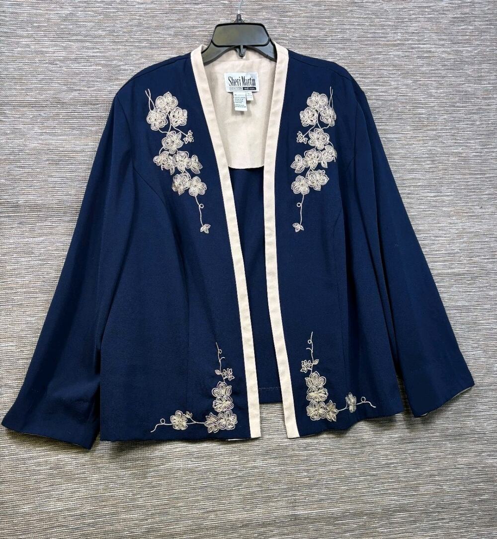 Vintage Sheri Martin Women’s Size 24W Dark Blue Embroidered Open Front Jacket